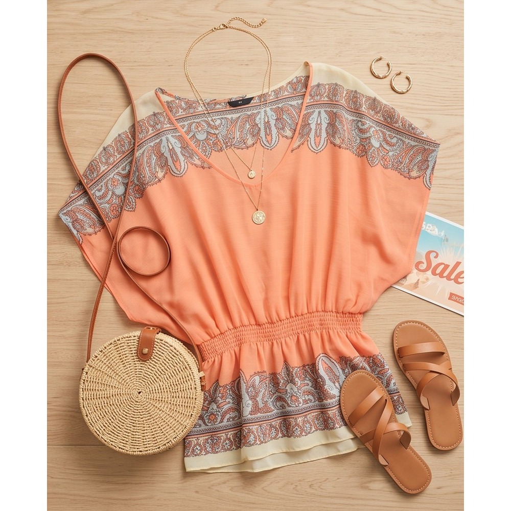 Investments II Plus 2XL Orange Cream Paisley V-Neck Short Sleeve Tunic‎ Blouse